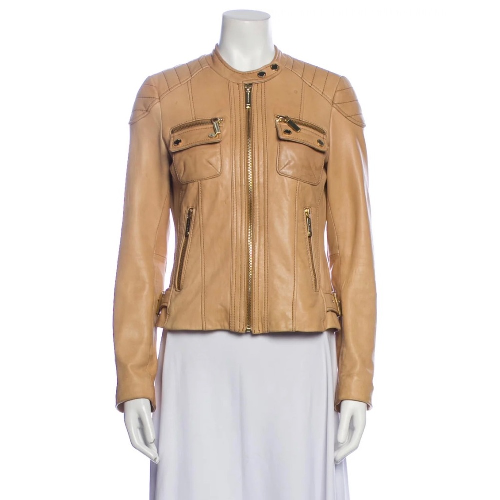 Michael Kors Zip-Front Leather Biker Jacket